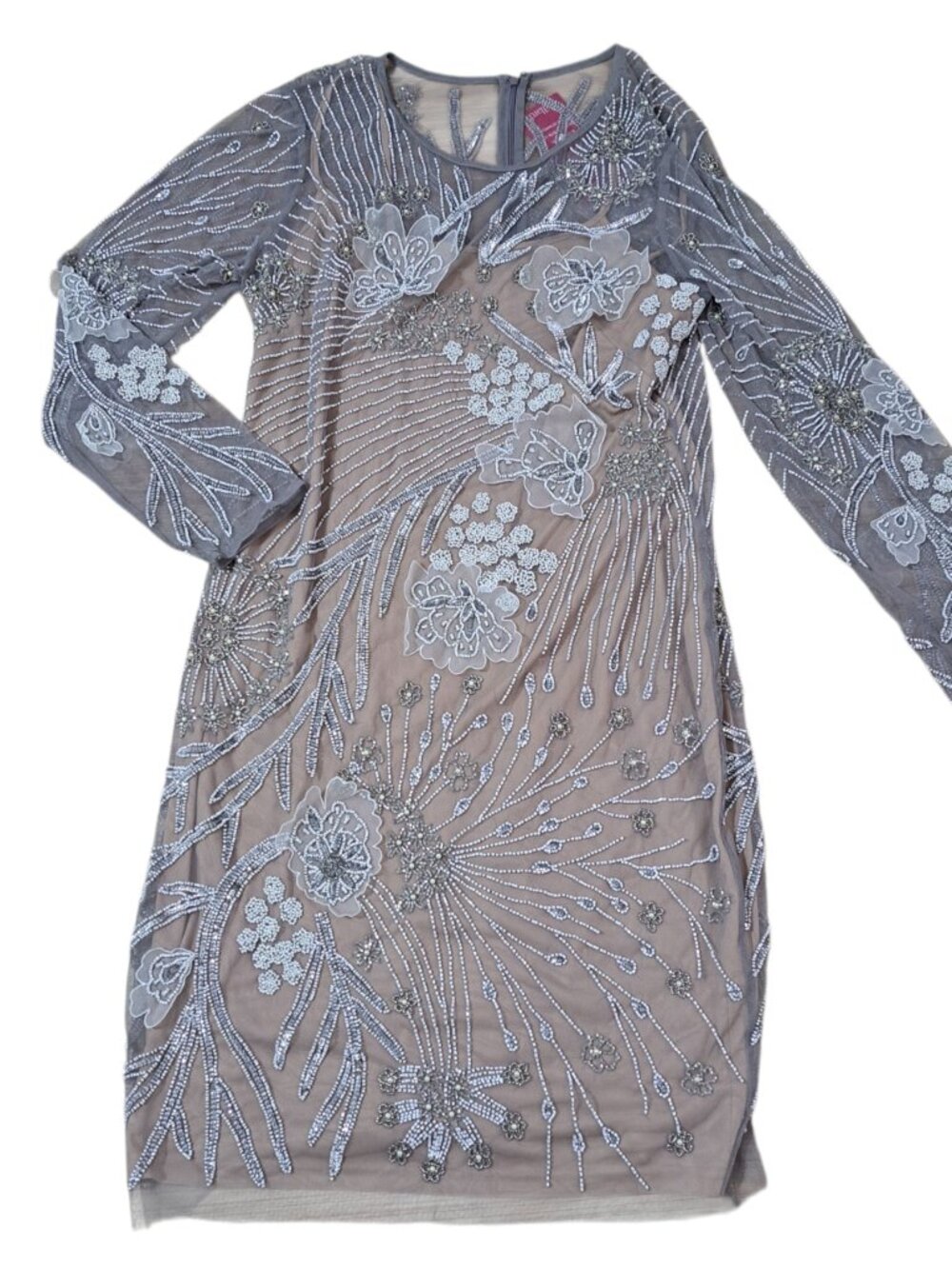 Adrianna Papell Women's Sequin Beaded Party Cocktail Wedding Grey Tan Mesh Sz 14